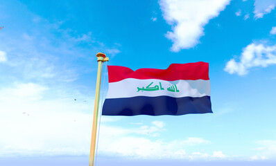 Flag of Iraq waving in the wind, sky and sun background. Iraq Flag. Ultra Hd, 3d rendering.