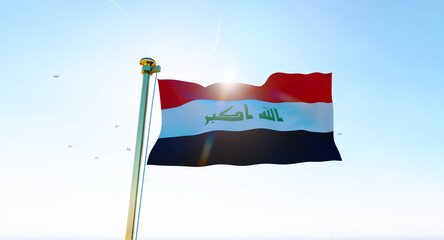 Flag of Iraq waving in the wind, sky and sun background. Iraq Flag. Ultra Hd.