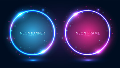 Round neon frames with shining effects and highlights on a dark background. A set of futuristic modern neon glowing banners. Vector illustration.