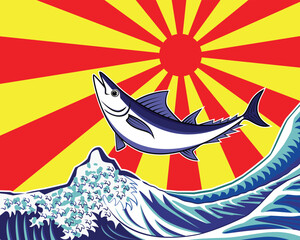 Maguro or bluefin tuna fish jump over Japan sea wave background with Japan sun drawing in vector