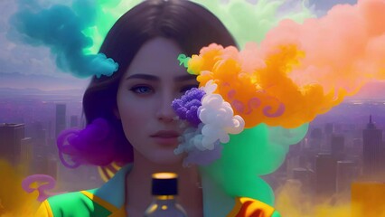 A cute young girl smokes a narcotic substance in puffs of rainbow smoke, created with the help of artificial intelligence. AI generative.
