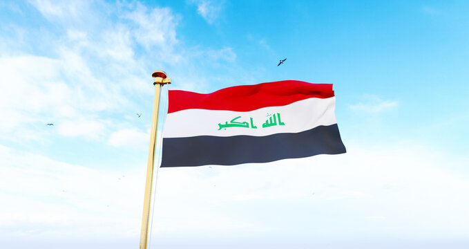 Flag of Iraq waving in the wind, sky and sun background. Iraq Flag. Ultra Hd.