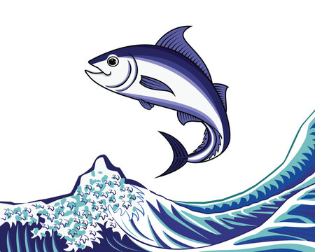 Maguro or bluefin tuna fish jump over Japan sea wave drawing in vector
