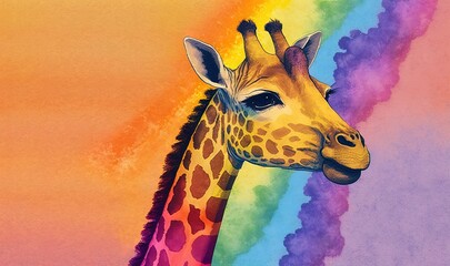  a painting of a giraffe in front of a rainbow colored background with clouds in the sky and a rainbow - colored background behind it.  generative ai