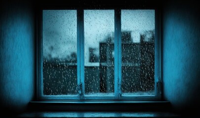 a window with rain falling on it in a room with blue walls and a window sill with a view of a city through it.  generative ai