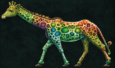  a colorful giraffe walking across a black background with spots on it's body and neck, with a black background behind it.  generative ai