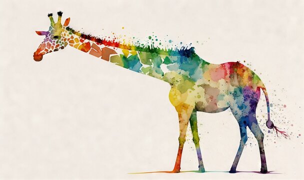  a colorful giraffe is standing in the watercolor paint splattered pattern on a white background, with a white background behind it.  generative ai