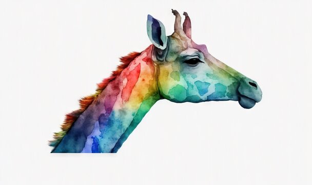  a colorful giraffe's head is shown in this watercolor painting of a giraffe's head with a white background.  generative ai