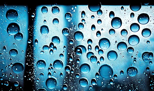  a window with water drops on it and a blue sky in the backround of the window is a black background with a blue tint.  generative ai