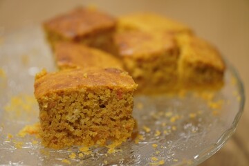 Closeup shot of square slices of delicious homemade carrot cake