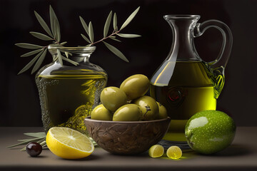 glass bottle with olive oil and olives on dark background. Generative Ai.