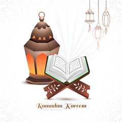 Holy book of the koran on the stand with arabic lamps ramadan kareem card background