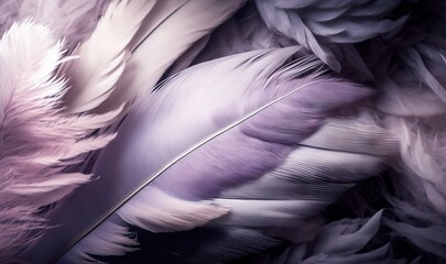  a close up of a purple and white feather pattern on a black and white background with a pink and white feather on the left side of the feather.  generative ai