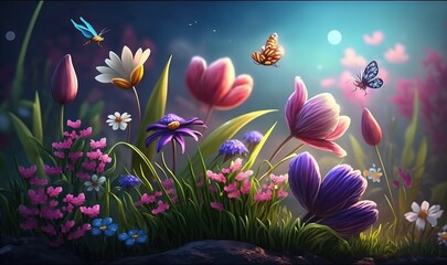  a painting of flowers and butterflies in a field of grass with a blue sky in the background and a butterfly flying over the top of the flowers.  generative ai
