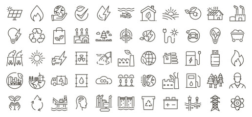 Set of 55 thin line vector icons related with energy sources and the environment. Linear stroke outline illustrations for renewable green energies and some fossil fuel energy sources