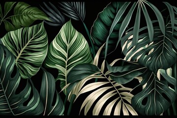  a black background with green and white tropical plants and leaves on a black background with white and green leaves on a black background with a.  generative ai
