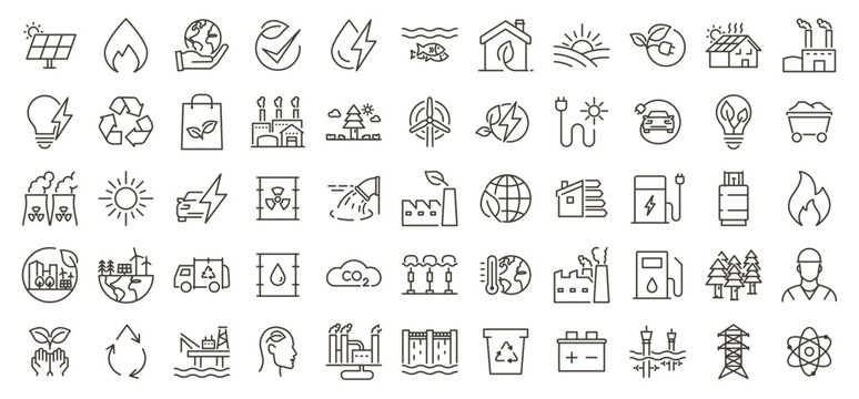 Set of 55 thin line vector icons related with energy sources and the environment. Linear stroke outline illustrations for renewable green energies and some fossil fuel energy sources