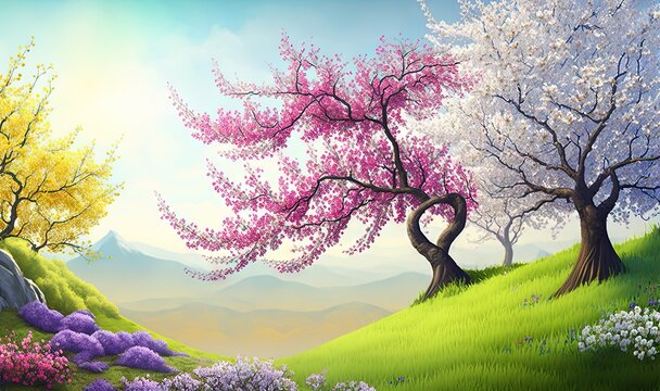  a painting of a tree with a mountain in the background and flowers in the foreground, and a rock in the foreground with a mountain in the background.  generative ai