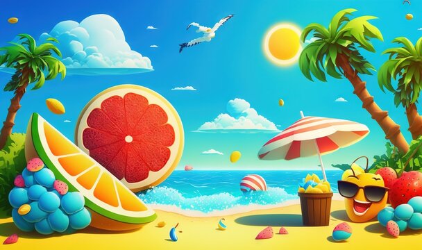  a painting of a beach scene with a grapefruit, a cup of juice, a beach umbrella, and a beach ball on the sand.  generative ai