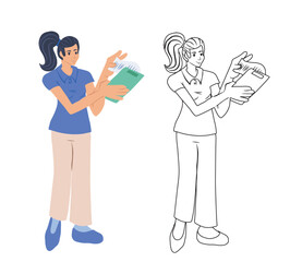 Woman holding paper documents set. Flat character of happy employee. Business woman. vector illustration isolated on white background.