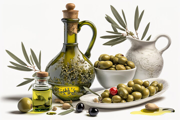 glass bottle with olive oil and olives on white background. Generative Ai.