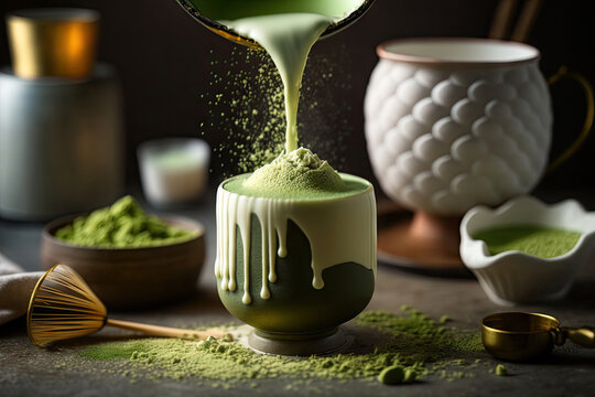 Close up cup of green tea matcha latte in white cup with powder, latte art, hot green tea, milk, soy milk, traditional beverage with Generative AI.