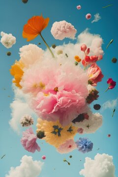 Spring abstract background of fresh colorful meadow flowers in the air. On clear blue sky, plant nature concept. Flower explosion. Generative AI.