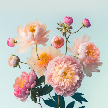 A beautiful bouquet of fresh spring colorful pastel flowers, flat lay on a pastel blue gentle romantic background concept. Generative AI.