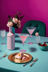 A retro set table for an elegant party, cocktails in glasses and expensive decorations. Sharp shadow, vintage concept. Generative AI.
