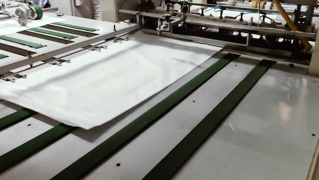 Enterprise for the production of polypropylene bags. Polypropylene fabric is cut to the desired size on a cutting machine