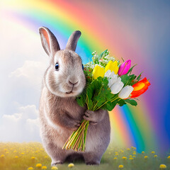 A cute Easter bunny stands in a meadow and holds a bouquet with colorful spring flowers. Sunny day, rainbow. Generative AI.