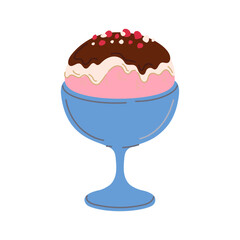 Frozen yogurt ice cream with chocolate topping in bowl. Vector gelato, tasty vanilla cream with chocolate and fruit syrup. Summer refreshing dessert