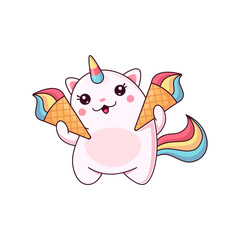 Cartoon caticorn character with ice cream. Pink vector unicorn cat enjoying rainbow icecream cones. Cute cheerful kawaii funny kitten magic personage with colorful sweet dessert. Fantasy baby kitty