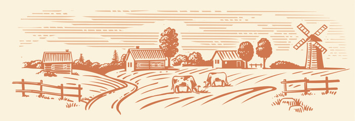 Fototapeta Rural landscape, agriculture farm vector. Cows obraz