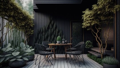 Fototapeta premium Modern black wooden terrace the perfect place for breakfast