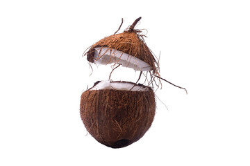 Two coconut section halves isolated on transparent background one broken in two