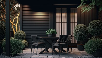 Fototapeta premium Modern black wooden terrace the perfect place for breakfast