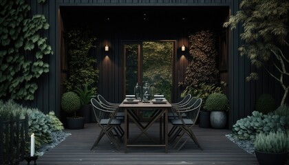 Modern black wooden terrace the perfect place for breakfast