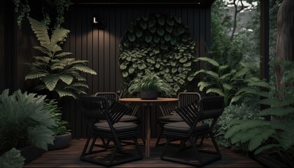 Fototapeta na wymiar Modern black wooden terrace the perfect place for breakfast