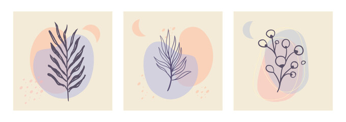 Botanical wall art vector set. Aesthetic Foliage line art drawing with organic abstract shapes. Plant Art design for print, cover, wallpaper. Minimalist and natural design.