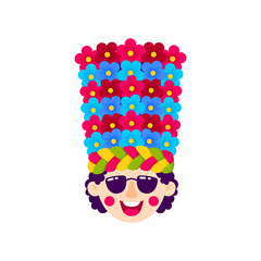 Colombian carnival traditional Congo Grande dance costume face mask with flowers. Barranquilla carnival holiday cartoon male character in glasses