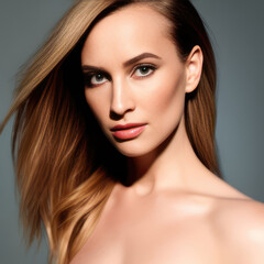 Obraz premium Portrait of a young woman. Natural makeup face close up. Generative AI