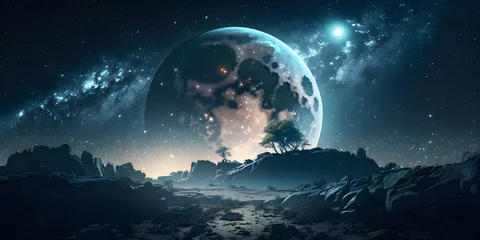 Tableaux ronds sur plexiglas Anti-reflet Pleine Lune arbre Space background with planet and stars. Cosmic watercolor illustration. Generative AI.