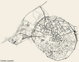 Obraz premium Detailed hand-drawn navigational urban street roads map of the CENTRUM (CENTER) BOROUGH of the Belgian city of LEUVEN, Belgium with vivid road lines and name tag on solid background
