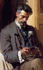 Edwardian gentleman obsessing over his phone, anachronistic vintage oil painting style.  Generative AI