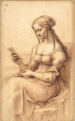 Renaissance style sketch of a woman looking at her phone.  Generative AI