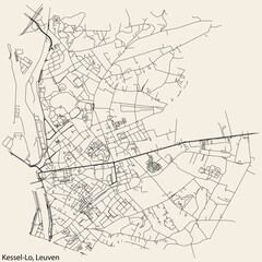 Fototapeta na wymiar Detailed hand-drawn navigational urban street roads map of the KESSEL-LO BOROUGH of the Belgian city of LEUVEN, Belgium with vivid road lines and name tag on solid background