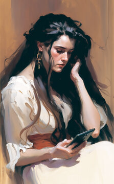 Young woman obsessing over her phone, classic vintage oil painting style.  Generative AI