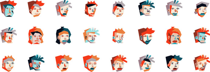 Cubist style Abstract geometrical faces set. Isolated vector graphics.