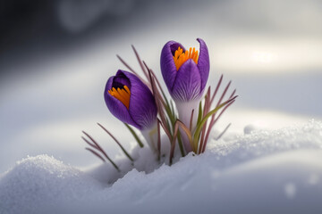 Fototapeta na wymiar Purple crocus flowers in snow, early spring blooms, generative AI digital illustration 